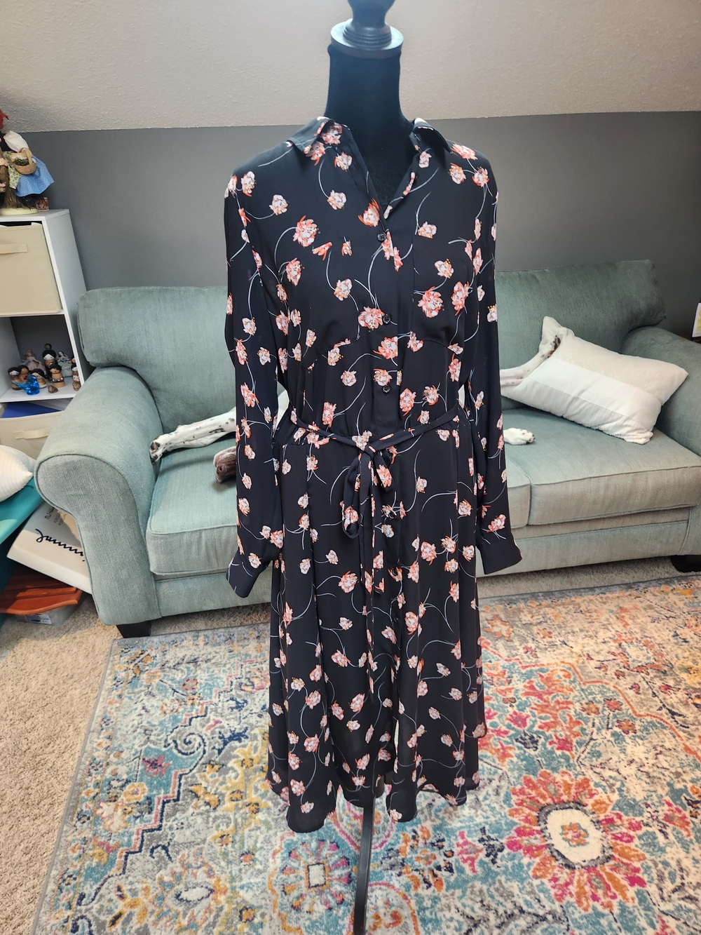 Who What Wear Target Brand black Floral long-sleeve midi shirt dress Large